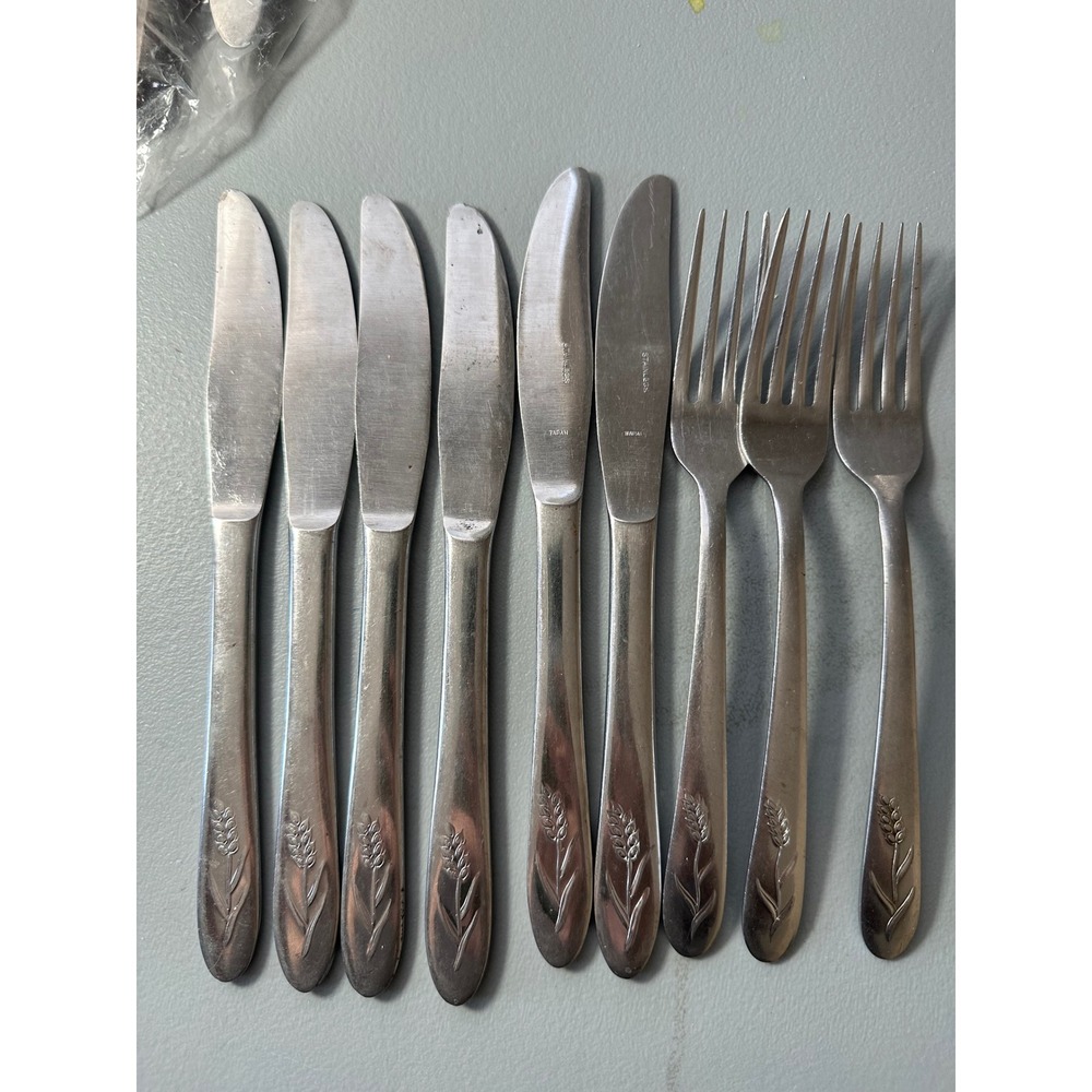 Vintage Stainless Japan Wheat Pattern Flatware Set 6 Knives 3 Forks 9pc Lot